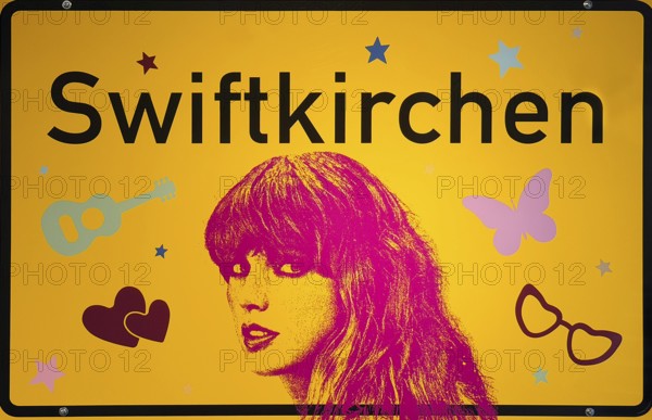 Ortschild Swiftkirchen, temporary nickname for the city of Gelsenkirchen at Taylor Swift's concerts in July 2024 at the Arena on Schalke, Germany