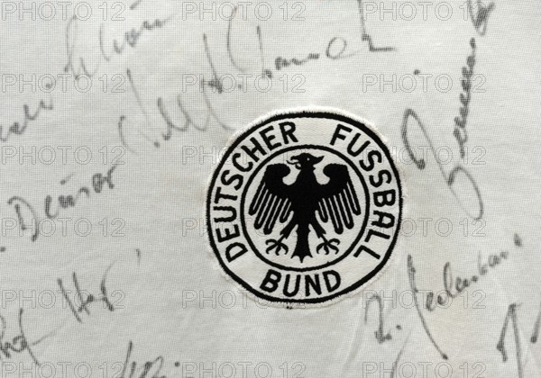 Original shirt, German Football Association with signatures after winning the World Cup in 1974 in the Federal Republic, House of History, Bonn, North Rhine-Westphalia, Germany