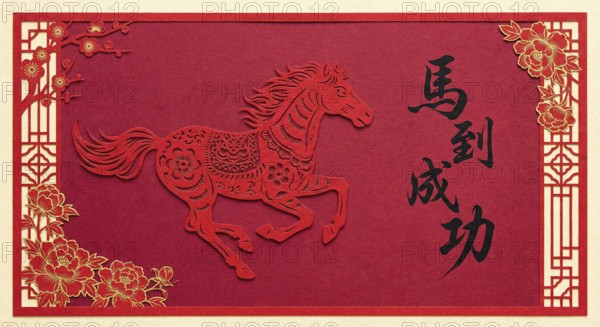 Illustration of a fiery red horse racing through a traditional Chinese landscape, symbolising strength, energy, and good fortune for the Year of the Horse 2026 during the Lunar New Year celebration or Chinese new Year, AI generated