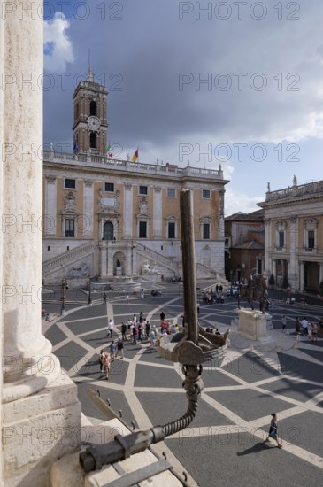 View from the Palazzo Nuovo to the Senatorial Palace (Palazzo Senatorio), Piazza del Campidoglio on the Capitoline Hill, Capitoline Square, Rome, Lazio, Italy