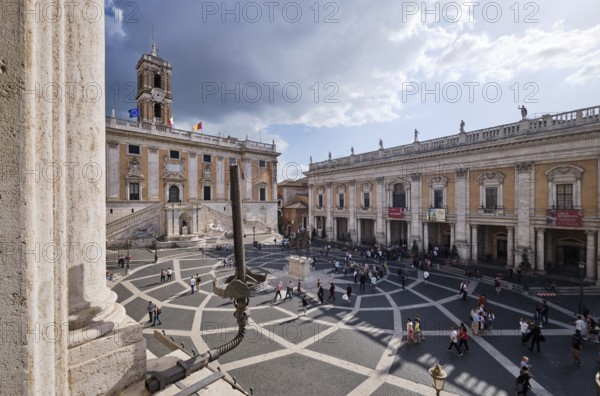 View from Palazzo Nuovo to equestrian statue of Marcus Aurelius in front of Palazzo Senatorio, Palazzo dei Conservatori on Piazza del Campidoglio on the Capitoline Hill, Capitoline Square, Rome, Lazio, Italy