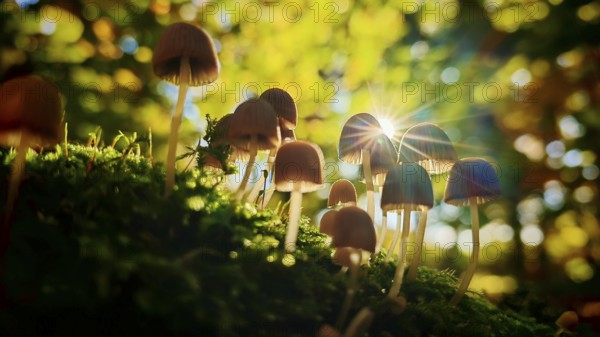 Sun rays shine through the trees and illuminate the mushrooms in the forest, romantic atmosphere, Hainich National Park, Germany