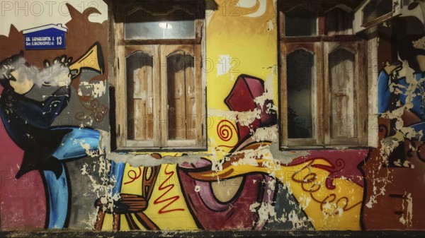 Colour-intensive graffiti with two windows, creative and dynamic wall design