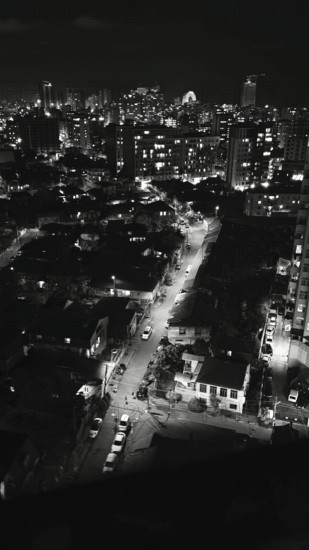 City view at night with illuminated streets and distinctive skyline in the background, black and white, Batumi, Georgia