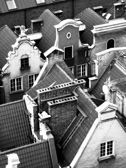 Detailed view of historic roofs and facades of old buildings, Danzig, Poland