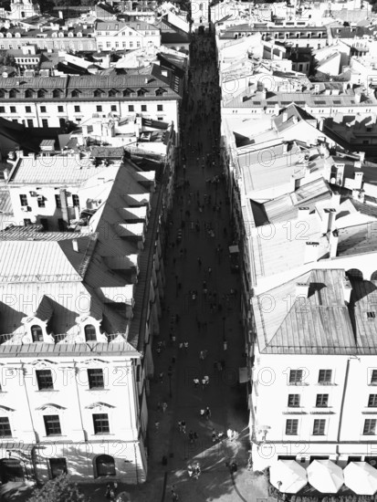 Aerial view of busy street in a sunny district, black and white, Krakow, Poland