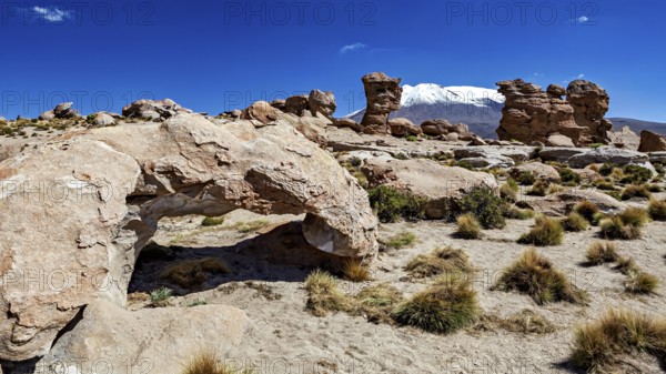 Desert landscape with stone arch and snow-covered mountain in the background under bright blue sky, The landscape of the Altiplano in Bolivia