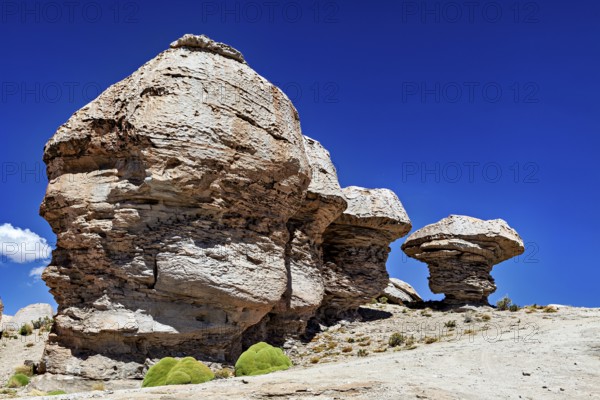 Impressive rock formations rise in a vast desert landscape under blue skies, The Landscape of the Altiplano in Bolivia
