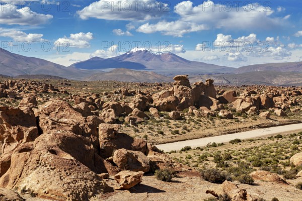 Arid landscape with distinctive rocks, a desert road and mountain backdrop under a cloudy sky, The landscape of the Altiplano in Bolivia