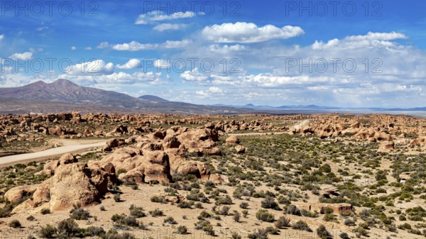 Desert landscape with a road leading through rocks and mountains, under a sky with clouds, The landscape of the Altiplano in Bolivia