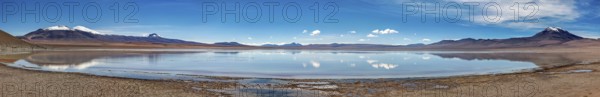 Infinite horizon with a reflecting lake and majestic mountains under a blue sky, Laguna Colorada in the Altiplano in Bolivia