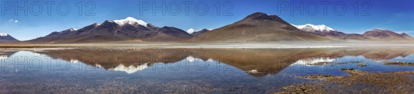 Wide panoramic view of mountains reflecting in the still lake, with snow-capped peaks, The Laguna Colorada in the Altiplano in Bolivia