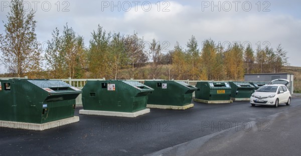 Garbage station with garbage containers for various waste in Ystad, Skåne County, Sweden, Scandinavia