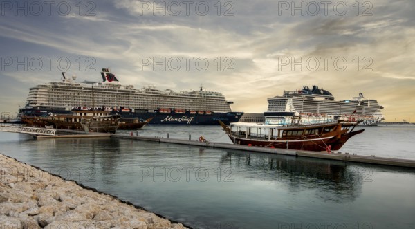 Cruise ships anchored at the cruise terminal in Doha, United Arab Emirates, Western Asia