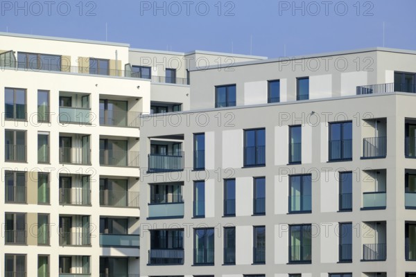 Essen, North Rhine-Westphalia, Germany - residential construction in the Ruhr area. New building district in Essen's southern quarter. LITERATUR-QUARTIER with six to eight-storey buildings in the energy-saving KfW Efficiency House Standard 55. LEG rents 236 apartments here, including 52 price-based social housing