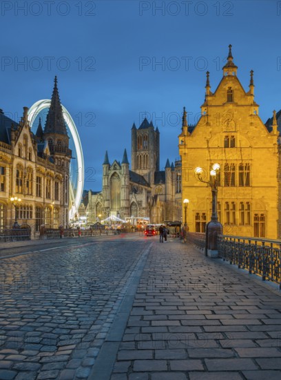 Ghent, Belgium, Flanders. The Cathedral and Historical Town from a bridge. UNESCO