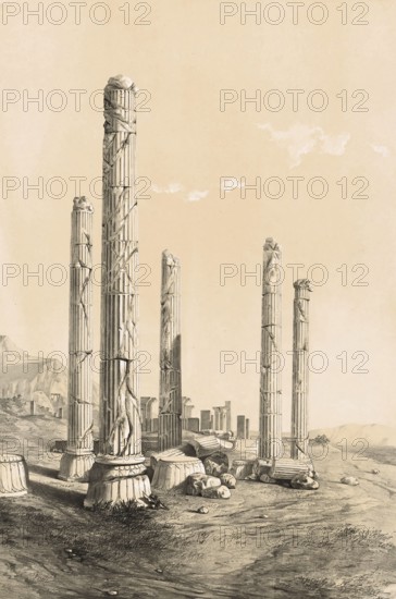 Ruins of Persepolis, Iran, authentic, digitally restored reproduction from a 19th century model by Eugene Flandin (1809-1876), exact date of depiction unknown, Historical