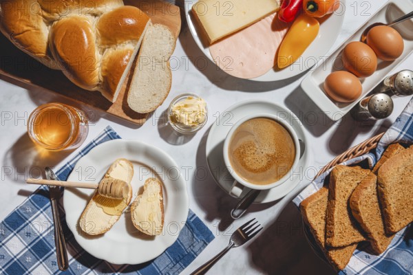 Breakfast with toast, sliced stollen, honey, cheese, ham, coffee, butter, bell pepper and eggs