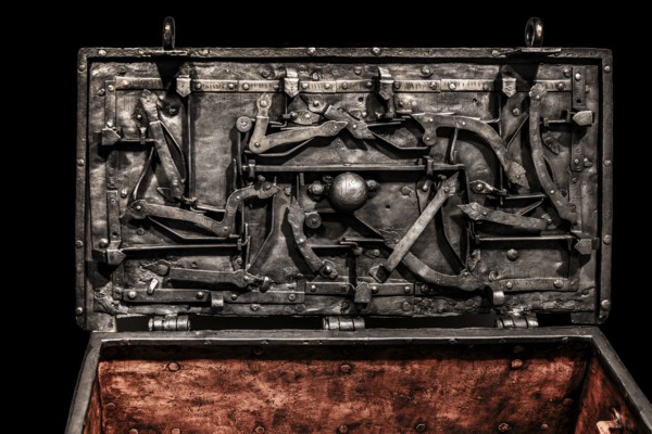 Wrought iron chest with a locking mechanism visible from the inside, Upper Silesia, 18th century, Piast Castle Museum, 16th century, Gliwice, Poland