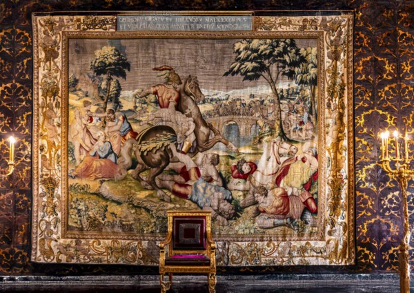 Senator's Hall, Battle Scene, Jagiellonian Tapestry, Collection of Renaissance Tapestries, Michiel Coxcie the Elder from Flanders 16. Wawel Royal Castle, former residence and seat of government of the kings of Poland, founded around 1000, Krakow