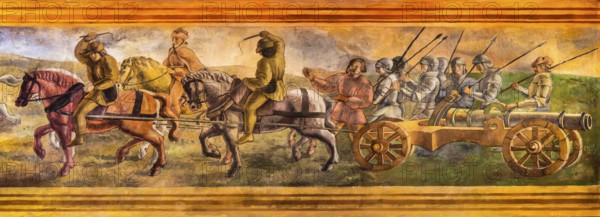 Ceiling fresco with soldiers and cannons, Wawel Royal Castle, former residence and seat of government of the kings of Poland, founded around 1000, Krakow, Poland
