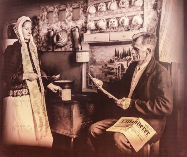 Photo of a Silesian kitchen with the residents' festive clothes, Piast Castle Museum, 16th century, Gliwice, Poland