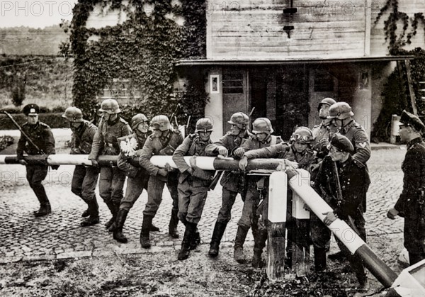 German troops storm the Polish border, propaganda photo from September 14, 1939 in Kolibki at the border crossing between Poland and the Free City of Danzig, Gleiwitz transmitter, 1934, location of the company Tannenberg, Gliwice, Poland