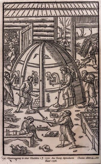 Copper engraving glass production in a glassworks, Basel 1556, Piast Castle Museum, 16th century, Gliwice, Poland