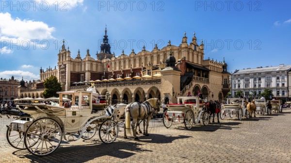 Carriage in front of Rynek with Cloth Hall, from 13th century, Main Market Square, landmark of the city, Krakow, Poland