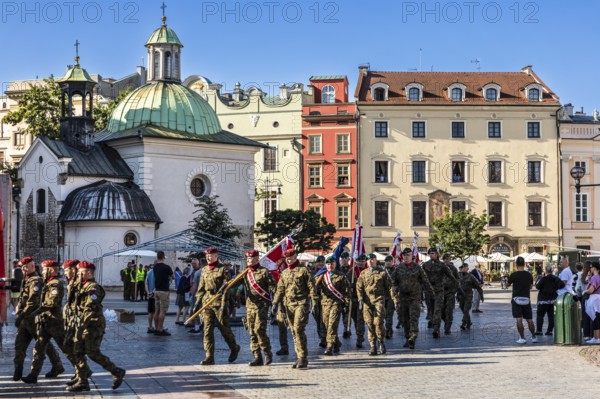Polish National Military Festival, Rynek with Cloth Hall, from 13th century, Main Market Square, city landmark, Krakow, Poland