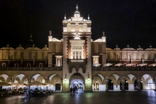 Night view of Rynek with Cloth Hall, from 13th century, Main Market Square, city landmark, Krakow, Poland