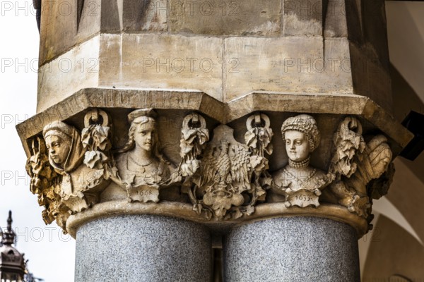 Arcades and Mascaron Heads, Rynek with Cloth Hall, from 13th century, Main Market Square, landmark of the city, Krakow, Poland