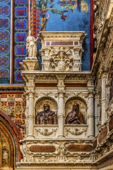 Memorials and marble busts of famous people, St. Mary's Church, 14th century, Krakow, Poland
