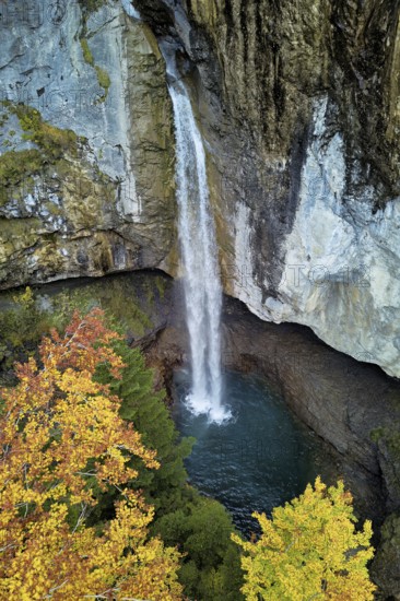 Aerial view of Berglistüber waterfall in autumn-colored surroundings, Linthal, Klausenpass, Canton of Glarus, Switzerland