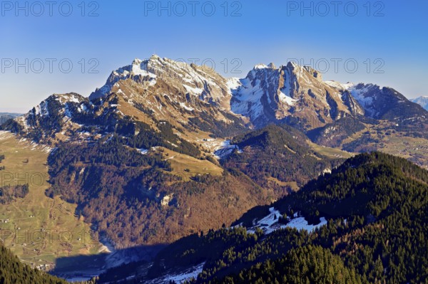 View of snow-covered Säntis from Gulmen, Amden, Canton of St. Gallen, Switzerland