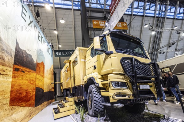 Expedition motorhome from RB Expedition GmbH. 6x6 off-road vehicle with luxury equipment. The list price is over 1.5 million euros. Caravan — Motor — Tourism exhibition in Stuttgart. According to the exhibition organizer, CMT is the world's largest public trade fair for tourism and leisure. Stuttgart, Baden-Württemberg, Germany