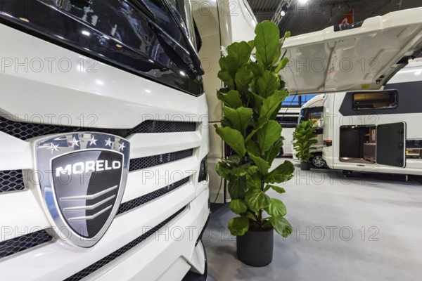 Luxury motorhome from the Morelo brand. Caravan — Motor — Tourism trade fair in Stuttgart. According to the exhibition organizer, CMT is the world's largest public trade fair for tourism and leisure. Stuttgart, Baden-Württemberg, Germany