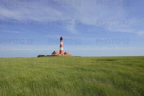 Westerheversand lighthouse and salt marshes, Westerhever, Eiderstedt peninsula, North Frisia, Schleswig-Holstein, Germany