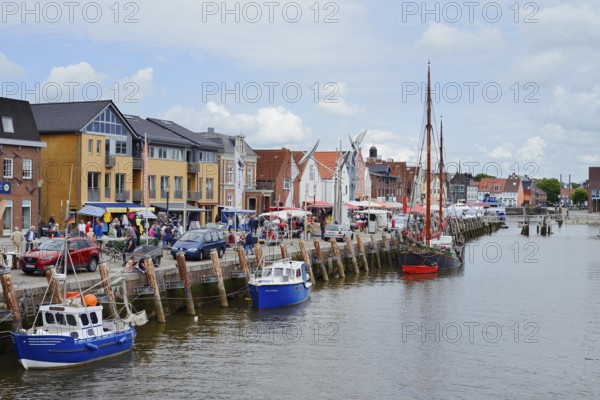 Inland port with ships, Husum, North Frisia, Schleswig-Holstein, Germany