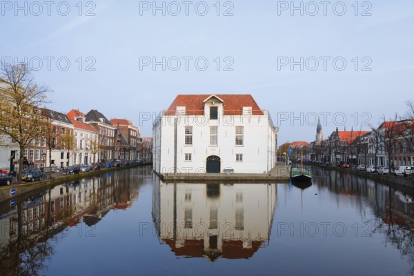 Voldersgracht with houses and the former Army Museum, Koninklijk Nederlands Legermuseum, Delft, South Holland, Netherlands