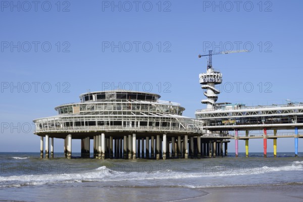 Pier with bungy jumping tower, Scheveningen, The Hague, Dutch North Sea Coast, South Holland, Netherlands