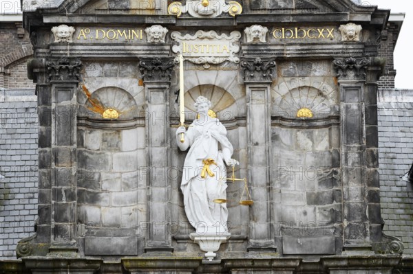 Justice Statue at Stadhuis or City Hall, Delft, South Holland, Netherlands