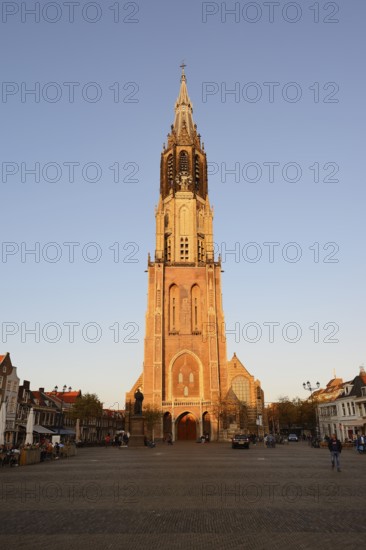 Nieuwe Kerk church on the market square in the evening light, Delft, South Holland, the Netherlands