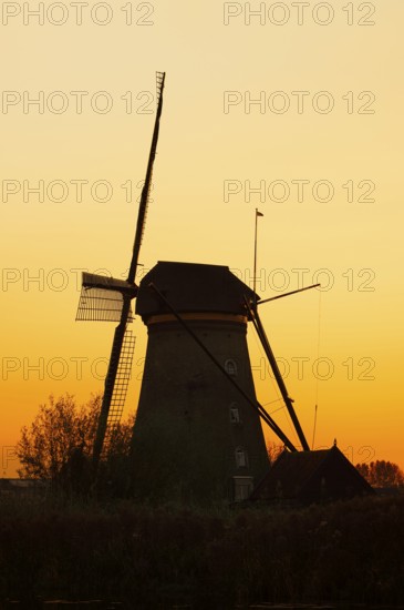 Historic windmill at sunset, UNESCO World Heritage Site, Kinderdijk, South Holland, Netherlands