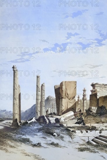 Ruins of Persepolis, Iran, authentic, digitally restored reproduction from a 19th century model by Eugene Flandin (1809-1876), exact date of depiction unknown, historical, coloured