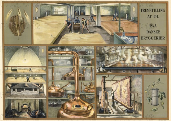 Traditional craft, beer production in a brewery in Denmark, 1930, illustration, reproduction from a model from the 19th century. Authentic, file restored for optimal use, exact date of submission unknown, historical