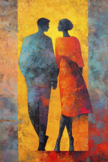 Couple walking hand in hand in a love silhouette, Painting like composition, AI generated