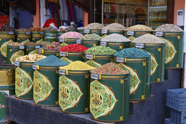 Sales stand selling spices and herbs at a market in Marrakech, historic old town, Medina, UNESCO World Heritage Site, Morocco
