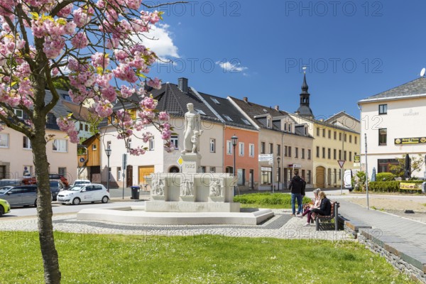 City view with city fountain, Glashütte, Saxony, Germany