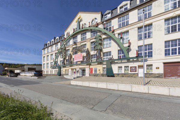 Largest light arch in the world, Erzgebirgischer Schwibbogen on the façade of an industrial building in Gelenau, Ore Mountains, Saxony, Germany